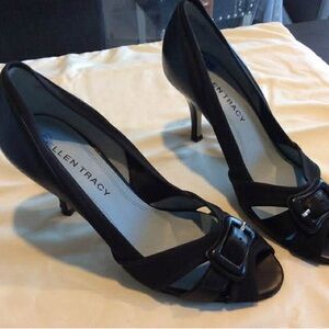 Ellen Tracy Black Peep-Toe Buckle Heels